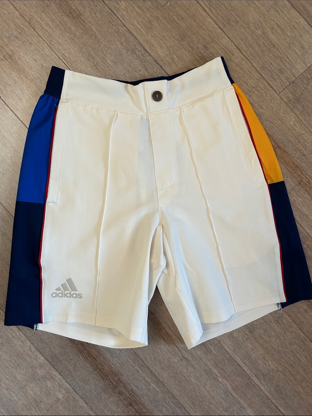 adidas Men’s Cream Athletic Shorts with Navy, Blue and Gold Panels